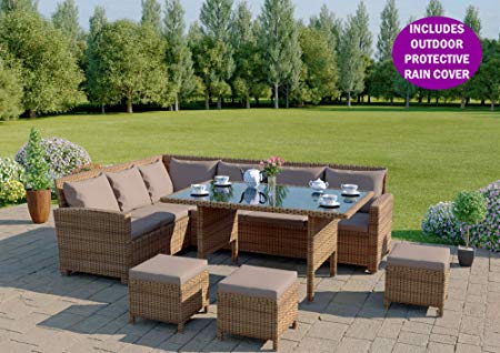 Abreo 9 Seater Rattan Corner Garden Sofa Dining Set Furniture INCLUDES PROTECTIVE COVER Black Brown Dark Mixed Grey (Light Mix Brown with Dark Cushions)