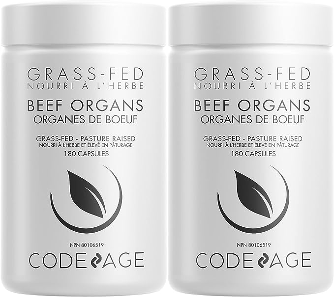 Codeage Grass Fed Beef Organs Supplement – Glandulars Supplements - Freeze Dried, Non-Defatted, Desiccated Liver, Heart, Kidney, Pancreas & Spleen Bovine Capsules - 2 Pack