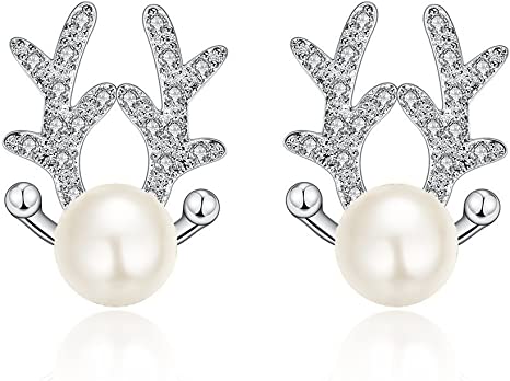 Buycitky Cute Reindeer Pearl Stud Earrings for Women Girl Earrings Set Plated Sterling Silver Cubic Zirconia Post Earrings
