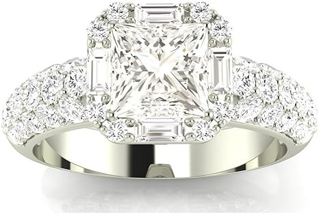 1.4 Carat t.w. Princess Designer Popular Halo Style Baguette And Pave Set Round Diamond Engagement Ring J/VS2-SI1