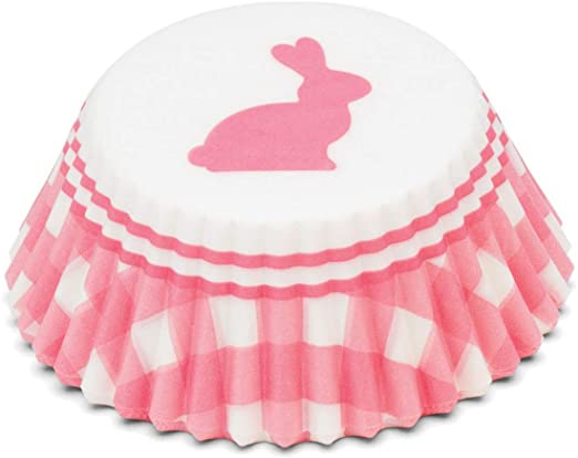 Fox Run Gingham Bunny Bake Cup Set, Standard, 50-Count, Pink