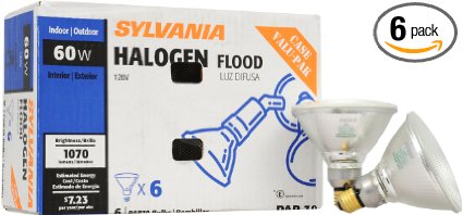 SYLVANIA Capsylite Short Neck Halogen Bulb Dimmable / PAR38 Reflector Narrow Flood Light / Replacement for halogen lamps 75W / Medium base E26 / 60 Watt / 2900K – warm white, 6 Pack