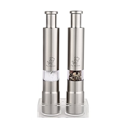 Skyline Stainless Steel Salt and Pepper Grinder Set.The Clever Grinding Mechanism Operates Perfectly With the Press of a Thumb on the Plunger Atop the Grinder
