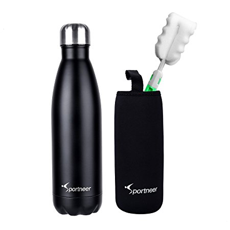 Sportneer 17oz Double Wall Vacuum Insulated Stainless Steel Water Bottle, BONUS A Cleaning Brush & A Bottle Cover