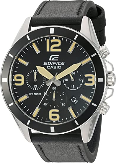 Casio Men's 'Edifice' Quartz Stainless Steel and Leather Watch, Color:Black (Model: EFR-553L-1BVCF)