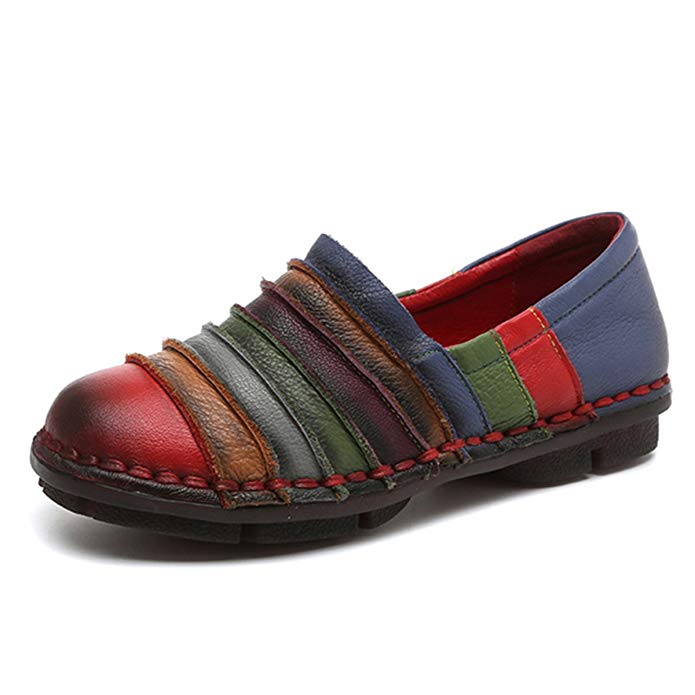 Socofy Slip-on Loafer, Women's Rainbow Leather Casual Loafer Flat Walking Shoes Driving Loafers Moccasin Slippers