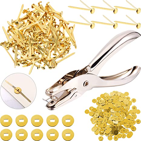 100 Pieces Brass Paper Fasteners Paper Brads, and 300 Pieces Plated Brass Washers with Hole Punch (Gold, 3/2inch)