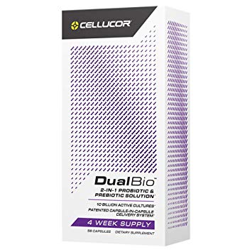 Cellucor DualBio Prebiotic & Probiotic Supplement for Women & Men, Patented Capsule-in-Capsule Digestive Enzymes with 10 Billion CFU, 56 Capsules