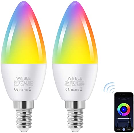 Vicloon E14 Smart Candle Bulb, C37 E14 Led Candle Bulbs, Smart WiFi E14 Light 5W Replace 40 Watt, Compatible with Alexa, Echo and Google Assistant, Dimmed TUYA/Smart Life APP, 2 Pack [Energy Class A ]