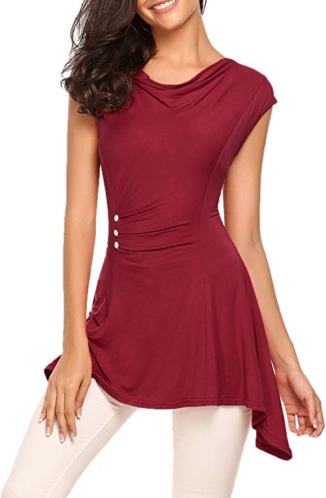 Beyove Women's Casual Cap Sleeve Cowl Neck Side Ruched Tunic Button Shirt Peplum Top