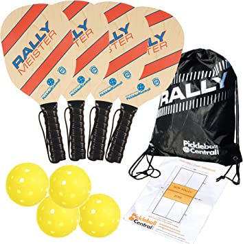 Rally Meister Beginner Wood Pickleball Paddle Set for 4 Players (4 Paddles   4 Outdoor Pickleballs   Drawstring Bag   Rules/Strategy Guide)