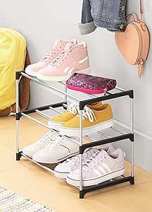 Whitmor 3-Tier Shoe Rack - Small Space Solution - Store up to 6 Pairs of Shoes - Organize Shoes & Accessories - Chrome & Black