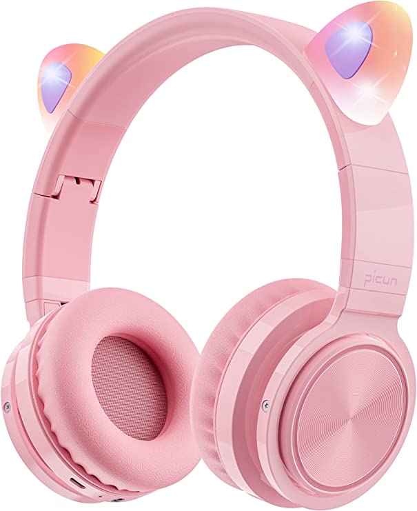 Picun Bluetooth Headphones with Microphone for Girls, Cat Ear Foldable Flashing LED Wireless & Wired Headphones for Kids Teens School Study Travel - Pink