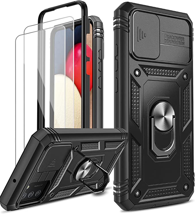 Galaxy A02S Phone Case, A02S Case with Slide Camera Cover   [2 Packs] Tempered Glass Screen Protector, LeYi 360 Full Body Military-Grade Phone Case with Kickstand for A02S (Not Fit A02), Black