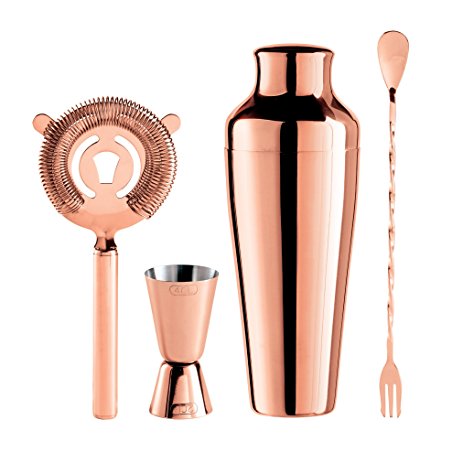 Oggi 4 Piece Stainless Steel Bartender Accessories Set-Includes Stir-Stick, Cocktail Shaker, Double Jigger and Ice Strainer, Copper