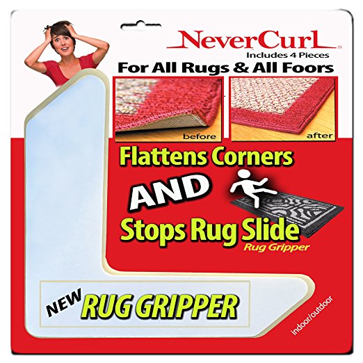 Rug Gripper with NeverCurl (8 Pack) - Instantly Flattens Rug Corners AND Stops Rug Slipping. Uses Renewable Sticky Gel. 8 Pieces. Patent Pending by NeverCurl