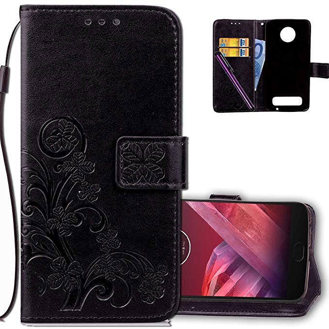 Moto Z2 Play Wallet Case Leather COTDINFORCA Premium PU Embossed Design Magnetic Closure Protective Cover with Card Slots for Moto Z2 Play/Moto Z2 Force. Luck Clover Black