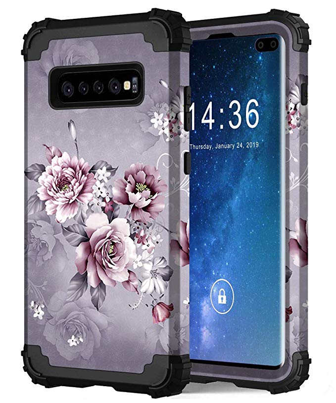 Hocase Galaxy S10 Plus Case, Shockproof Heavy Duty Protection Hard Plastic Silicone Rubber Bumper Dual Layer Protective Phone Case for Samsung Galaxy S10 Plus SM-G975 2019 - Light Purple Flowers