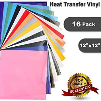 Heat Transfer Vinyl for T-Shirts , 16 Pack - 12"x 12" Sheets - Assorted Colors , Iron On HTV for Cricut and Silhouette Cameo (U-ZM)