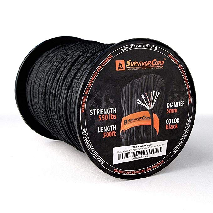 Titan 620 LB SurvivorCord Paracord [w/Free Ebooks] | Patented U.S. Military Type III 550 Parachute Cord (MIL-C-5040H) with Integrated Fishing Line, Fire-Starter Tinder, and Utility Wire. 100% Nylon.