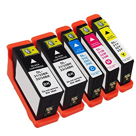 YATUNINK 5 Pack Dell Series 31XL(Series 33) New High Capacity Compatible Ink Cartridges Set With Chip (2-Black,1-Magenta,1-Cyan,1-Yellow) Compatible FOR DELL Printers