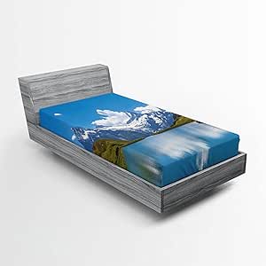 Ambesonne Landscape Fitted Sheet, Dreamy View of Alpine Lake with Snow Frozen Peaks Swiss Northern Explore, Soft Decorative Fabric Bedding All-Round Elastic Pocket, Twin Size, Azure Blue