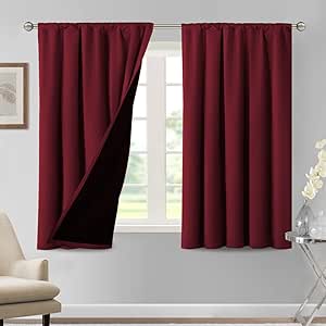 H.VERSAILTEX 100% Blackout Curtains for Bedroom Thermal Insulated Blackout Curtains 54 Inches Long Rod Pocket Window Drapes for Living Room with Black Liner 2 Panels Set, Burgundy