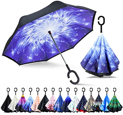 ZOMAKE Double Layer Inverted Umbrellas for Women, Reverse Folding Umbrella Windproof UV Protection Big Straight Umbrella for Car Rain Outdoor with C-Shaped Handle