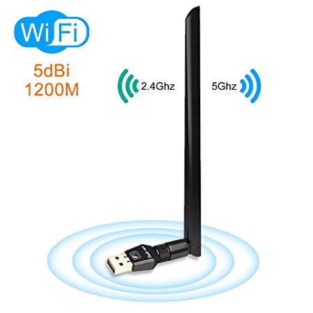 1200Mbps Wireless USB Wifi Adapter,DOSNTO WiFi Adapter for Desktop/Laptop,802.11 ac/a/b/g/n,Dual Band 2.4GHz/300Mbps 5GHz/867Mbps,5 dBi High Gain Antenna WiFi Dongles,Support Windows XP/7/8/10/MAC/OSX