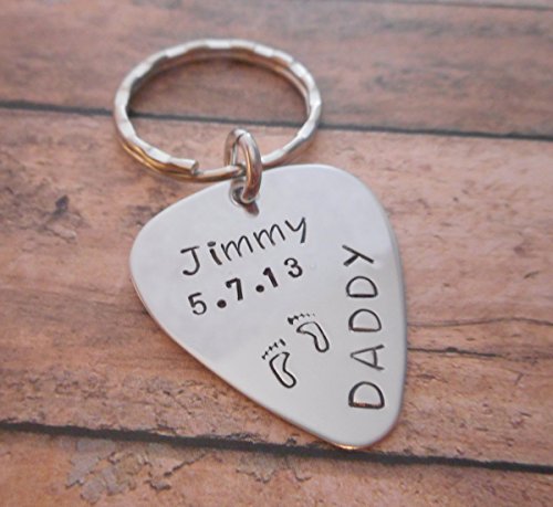 Guitar Pick Key Chain or Necklace for Daddy or Mommy Hand Stamped with Child's Name Birth Date
