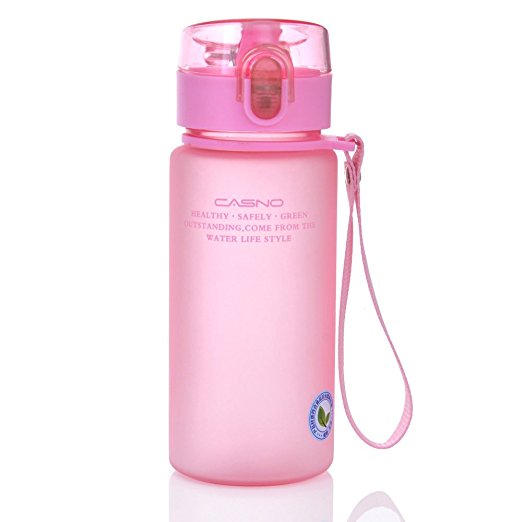 14oz Water Bottle with Straw, GTI Wide Mouth BPA-Free Leek proof Flip Top Lid Sport Plastic Bottle for Running Climbing Work-Pink