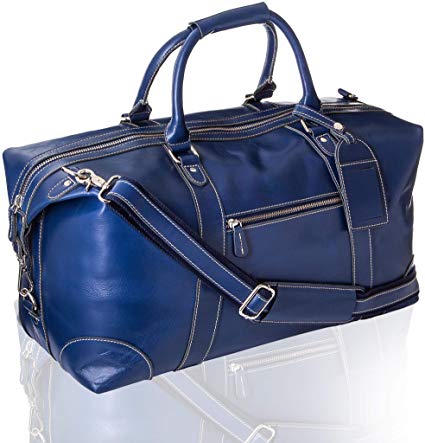 Genuine Leather Travel Duffel, Oversized Weekend Luggage, Buffalo Leather Bag For Men and Women, Sports Gym Overnight Carry-On Bag, Great Gift Idea (21" Blue)