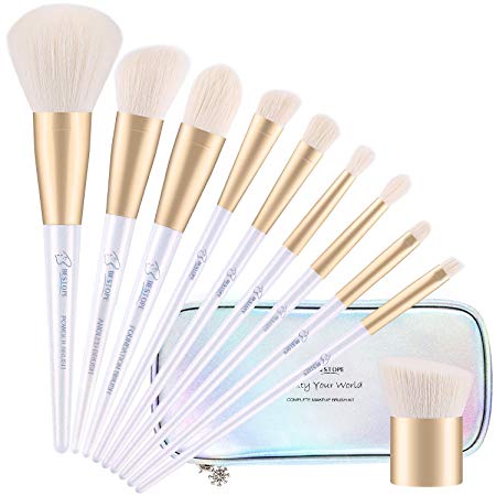 BESTOPE Makeup Brushes with Shiny Case Mermaid Holographic Premium Synthetic Cosmetics Kabuki Foundation Face Powder Nasal Eyeshadow Angled Detail Brushes Make up Brushes (10 Pcs)