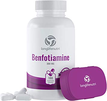 Benfotiamine 300mg 180 Vegetarian Capsules | Fat-Soluble Vitamin B1 Thiamine Powder Supplement | Promotes Healhty Blood Sugar Level | Supports Circulation & Nervous System | Mega Benfo Thiamin Complex