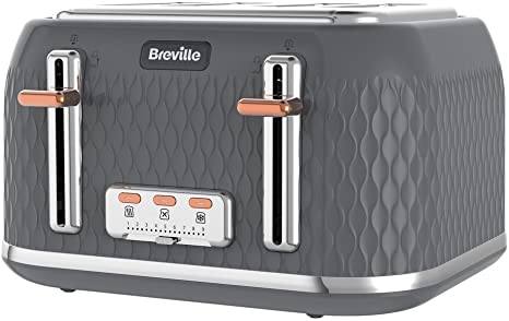 Breville VTT912 Curve Graphite 4 Slice Toaster, High Lift, Variable Browning Control, Variable Width Slots, Defrost/Reheat/Cancel Settings, Granite Grey