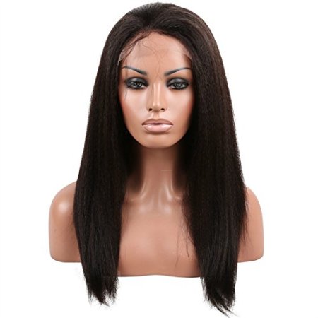 Doubleleafwig Kinky Straight Coarse Yaki Brazilian Virgin Remy Hair Full Lace Front Wigs Natural Black 1B Hair Length 12Lace Front Cap