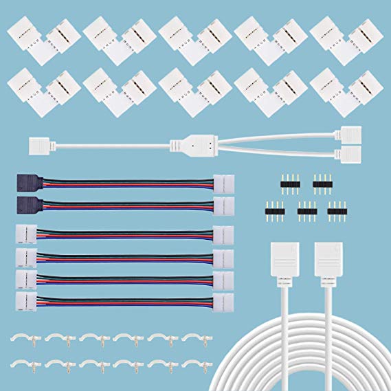 5050 4 Pin Led Strip Connector Kit, 10mm RGB LED Connector Includes 10x L Shape Connectors, 6.56FT Strip Light Extension Cable, 4X LED Strip Jumper, Y Port Connect Cable-Meet Your Lighting DIY Needs