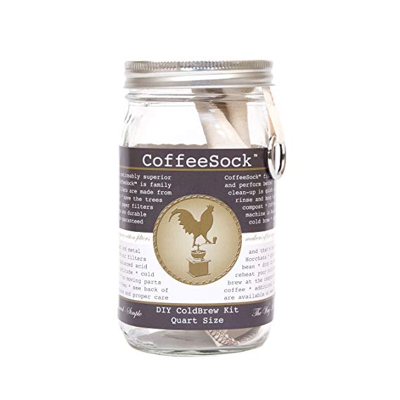 CoffeeSock ColdBrew Kit 32 ounce Gift Pack- The Original Reusable Organic Cotton Coffee Filter, Jar, Organic Coffee, and Cuppow Pour Spout (COPK32)