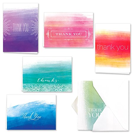 Ombre Watercolor Thank You Note Card Assortment Pack - Set of 36 cards - 6 designs blank inside - with white envelopes (53806)