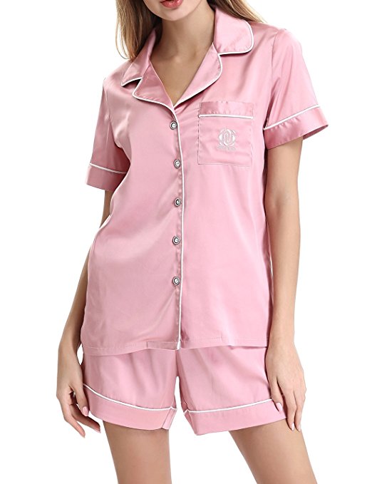 Women's Comfy Short Sleeves Sleepwear Silk Satin Pajama Set Short Pants by NORA TWIPS(XS-XL)