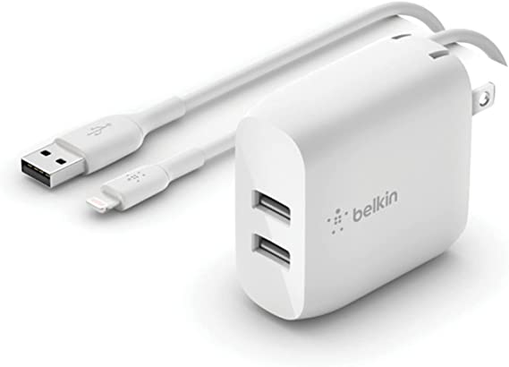 Belkin 24W Dual Port USB Wall Charger - Lightning Cable Included - iPhone Charger Fast Charging - USB Charger Block for Power Bank, iPhone 14, iPhone 13, iPhone 12, iPhone 11, iPad Pro, Samsung & more