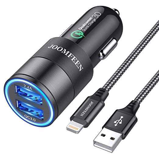 JOOMFEEN Car Charger Compatible with iPhone 11 Pro Max/11/XS Max/XS/XR/X/8/7 Plus/7/6S/6/5S/5C/SE/5,iPad Pro/Air/Mini, with 3ft Charging Cable, Quick Charger 3.0&2.4A Dual Fast USB Car Charger Adapter