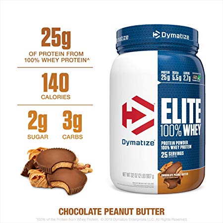Dymatize Elite 100% Whey Protein Powder, 25g Protein, 5.5g BCAAs & 2.7g L-Leucine, Quick Absorbing & Fast Digesting for Optimal Muscle Recovery, Chocolate Peanut Butter, 2 Pound