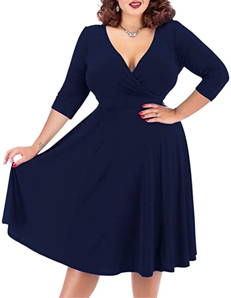 Nemidor Women's V-Neckline Stretchy Casual Midi Plus Size Bridesmaid Dress