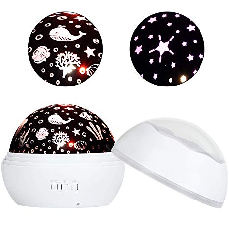 Acecharming Ocean World/Star Night Light Projector, 360 Degree Rotating Projection Light Lamp with 2 Projector Films, 8 Colors Mode, 4 LED Bulbs for Baby, Nursery, Kids and Children(White)