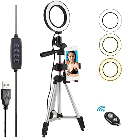 NeeXiu 7.9" Ring Light with Tripod Stand - Dimmable Selfie Ring Light LED Ringlight with Tripod and Phone Holder for Live Stream/YouTube Video, Compatible for iPhone Android, Remote(Upgraded)