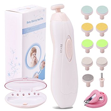 Baby Nail File Electric Nail Trimmer Manicure Set with Nail Clippers, Toes Fingernails Care Trim Polish Grooming Kit Safe for Infant Toddler Kids or Women, LED Light and 10 Grinding Heads (White/Pink)