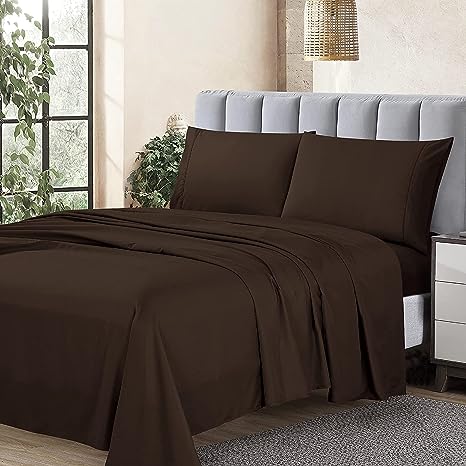 Cathay Home Essentials Ultra Soft Hypoallergenic Wrinkle Resistant Double Brushed Microfiber Bedding Sheet Set, Brown, King