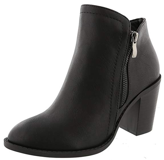 TOP Moda Women's Closed Round Toe Zipper Chunky Stacked Block Heel Ankle Bootie