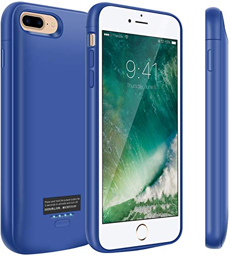 Battery Case for iPhone 8 Plus/7 Plus, 5500mAh Portable Charger Case, Rechargeable Extended Battery Charging Case for iPhone 8 Plus/7 Plus(5.5 inch), Compatible with Wire Headphones-Blue